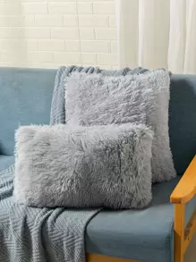1pc Plush Cushion Cover Without Filler, Modern Plush Plain Color Decorative Square Shaped Cushion Cover For Bed, Sofa - Grey - View 1