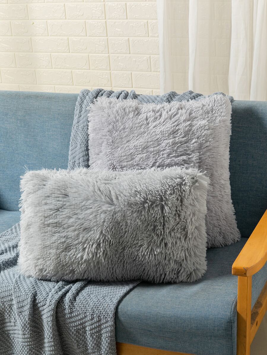 1pc Plush Cushion Cover Without Filler, Modern Plush Plain Color Decorative Square Shaped Cushion Cover For Bed, Sofa - Grey - View 1