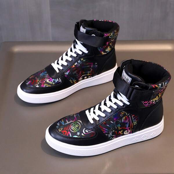 

Cartoon Graphic Lace-up Front High Top Sneakers, Black