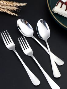 4 piezas Set cuchara y tenedor de acero inoxidable - Plateado - Ver 5