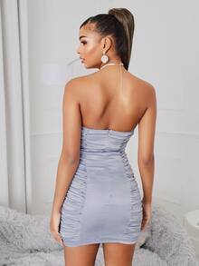 SHEIN Ruched Satin Bodycon Tube Dress - Light Grey - View 2
