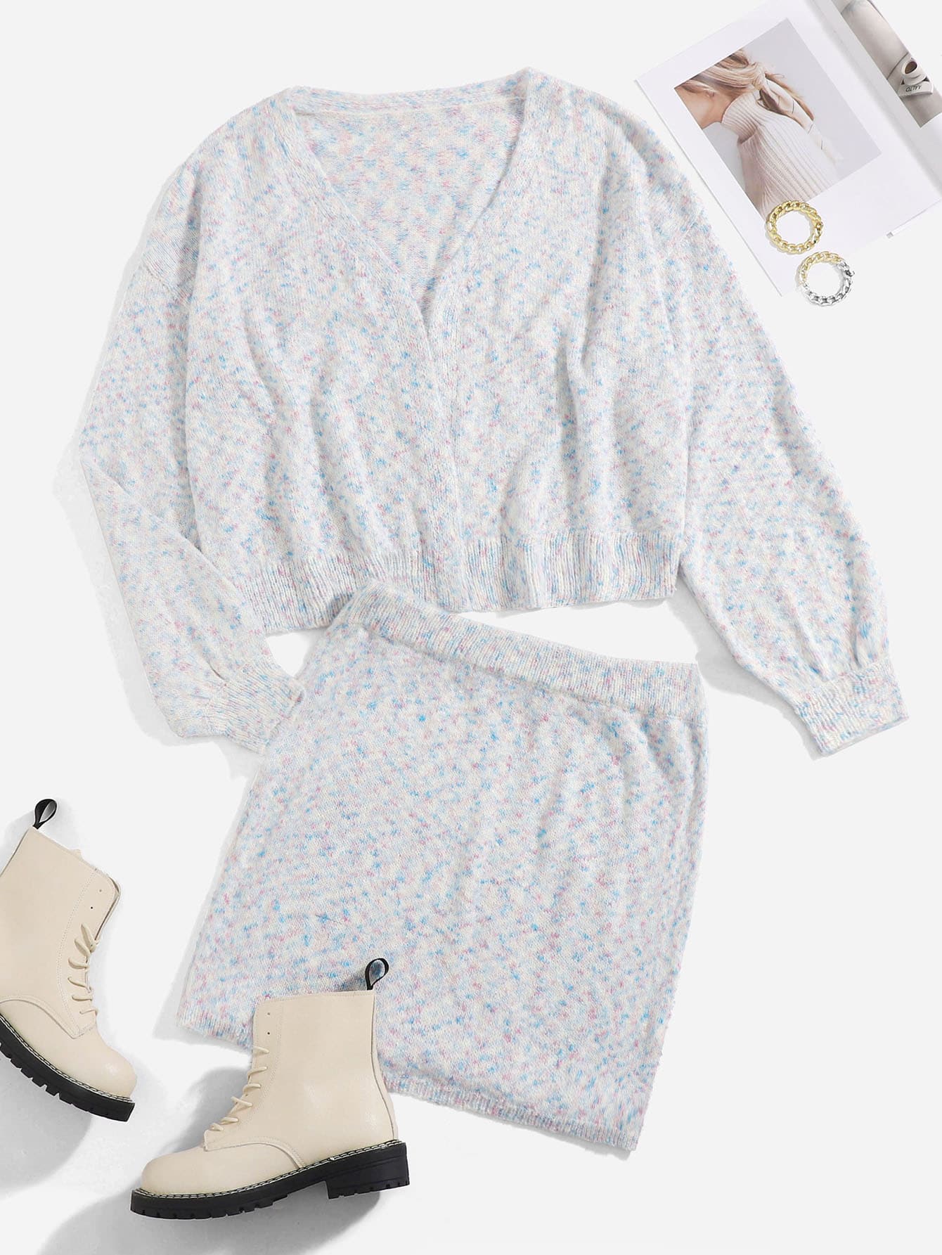 Plus Size Space Dye Cardigan & Knit Skirt - Multicolor - View 1