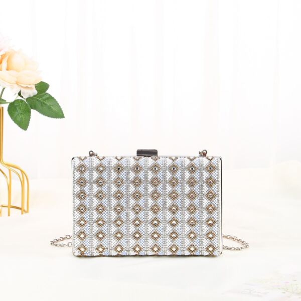

Minimalist Rhinestone Decor Chain Box Bag, Silver