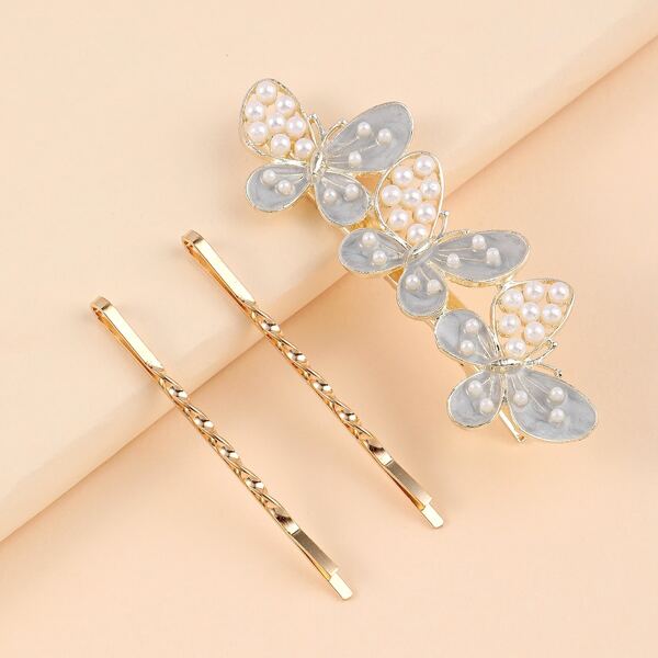 

3pcs Faux Pearl Detail Butterfly Decor Hair Clip, Gold