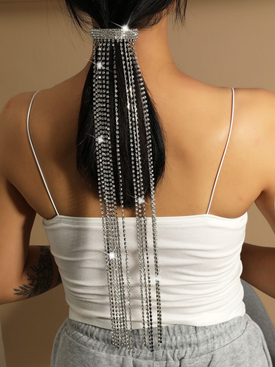 Rhinestone Tassel Hair Clip - Silver - View 1