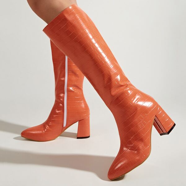 

Crocodile Embossed Side Zipper Chunky Heeled Classic Boots, Orange