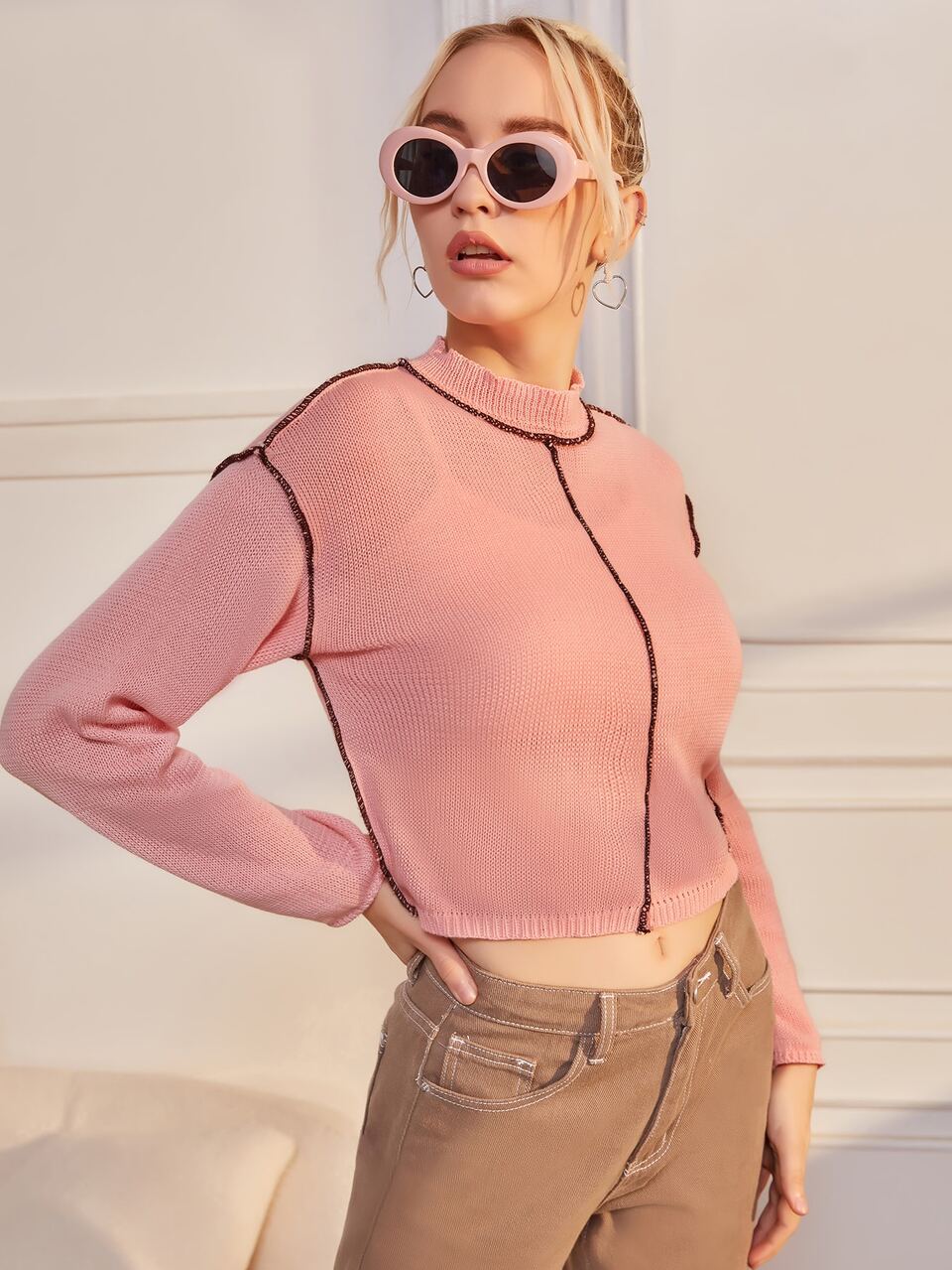Stitch Trim Ribbed Knit Sweater