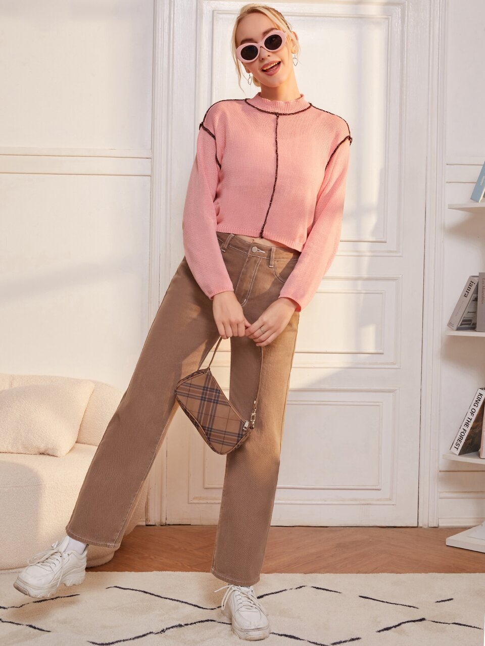 Stitch Trim Ribbed Knit Sweater
