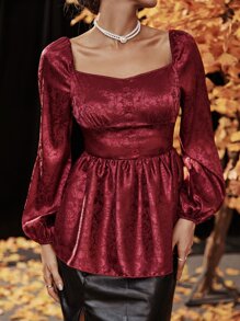 Modelyn Burgundy Red Floral Jacquard Lantern Sleeve Sweetheart Neck Peplum Hem Satin Blouse - Burgundy - View 1