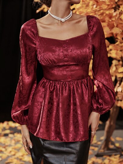 Modelyn Burgundy Red Floral Jacquard Lantern Sleeve Sweetheart Neck Peplum Hem Satin Blouse