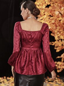 Modelyn Burgundy Red Floral Jacquard Lantern Sleeve Sweetheart Neck Peplum Hem Satin Blouse - Burgundy - View 2