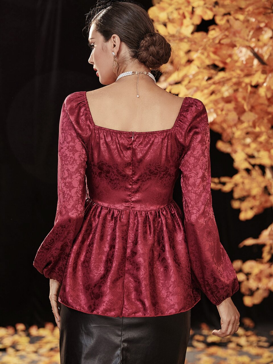 Burgundy Red Floral Jacquard Lantern Sleeve Sweetheart Neck Peplum Hem Satin Blouse