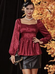Modelyn Burgundy Red Floral Jacquard Lantern Sleeve Sweetheart Neck Peplum Hem Satin Blouse - Burgundy - View 3