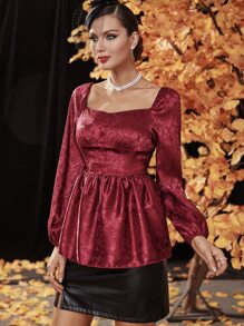 Modelyn Burgundy Red Floral Jacquard Lantern Sleeve Sweetheart Neck Peplum Hem Satin Blouse - Burgundy - View 4