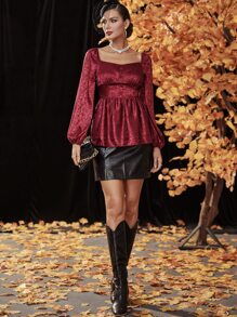 Modelyn Burgundy Red Floral Jacquard Lantern Sleeve Sweetheart Neck Peplum Hem Satin Blouse - Burgundy - View 5