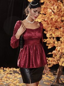 Modelyn Burgundy Red Floral Jacquard Lantern Sleeve Sweetheart Neck Peplum Hem Satin Blouse - Burgundy - View 6