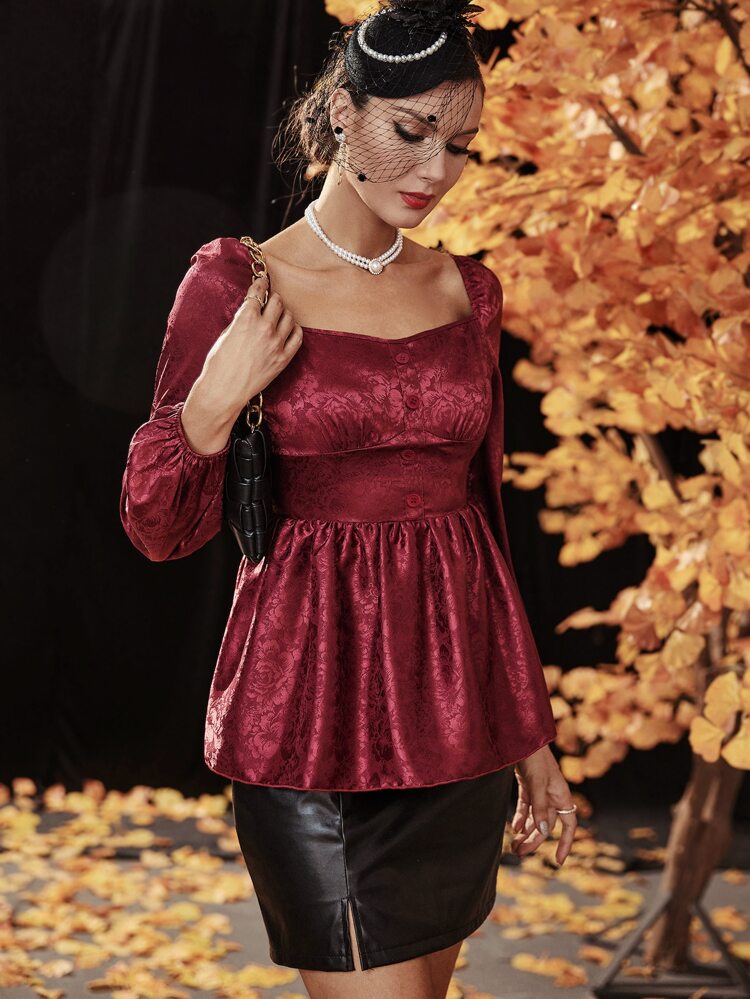 Burgundy Red Floral Jacquard Lantern Sleeve Sweetheart Neck Peplum Hem Satin Blouse