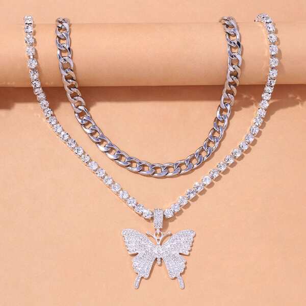 

2pcs Butterfly Pendant Rhinestone Decor Necklace, Silver