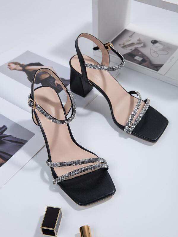 Sandales femme à talon épais, bout carré, strass, polyvalentes pour la fête et le trajet