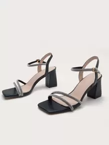 Spring/Summer Women Square Toe Thick Heel Rhinestone Fashion Commuter Versatile Party Rhinestone Strap Sandals - Black - View 2