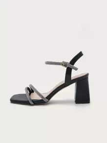 Spring/Summer Women Square Toe Thick Heel Rhinestone Fashion Commuter Versatile Party Rhinestone Strap Sandals - Black - View 3