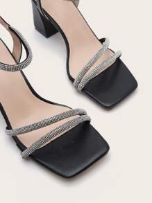 Spring/Summer Women Square Toe Thick Heel Rhinestone Fashion Commuter Versatile Party Rhinestone Strap Sandals - Black - View 4