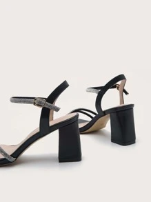Spring/Summer Women Square Toe Thick Heel Rhinestone Fashion Commuter Versatile Party Rhinestone Strap Sandals - Black - View 5