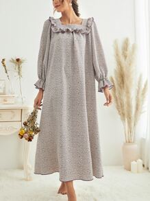 Ditsy Floral Square Neck Flounce Sleeve Ruffle Trim Long Nightdress - Mauve Purple - View 1
