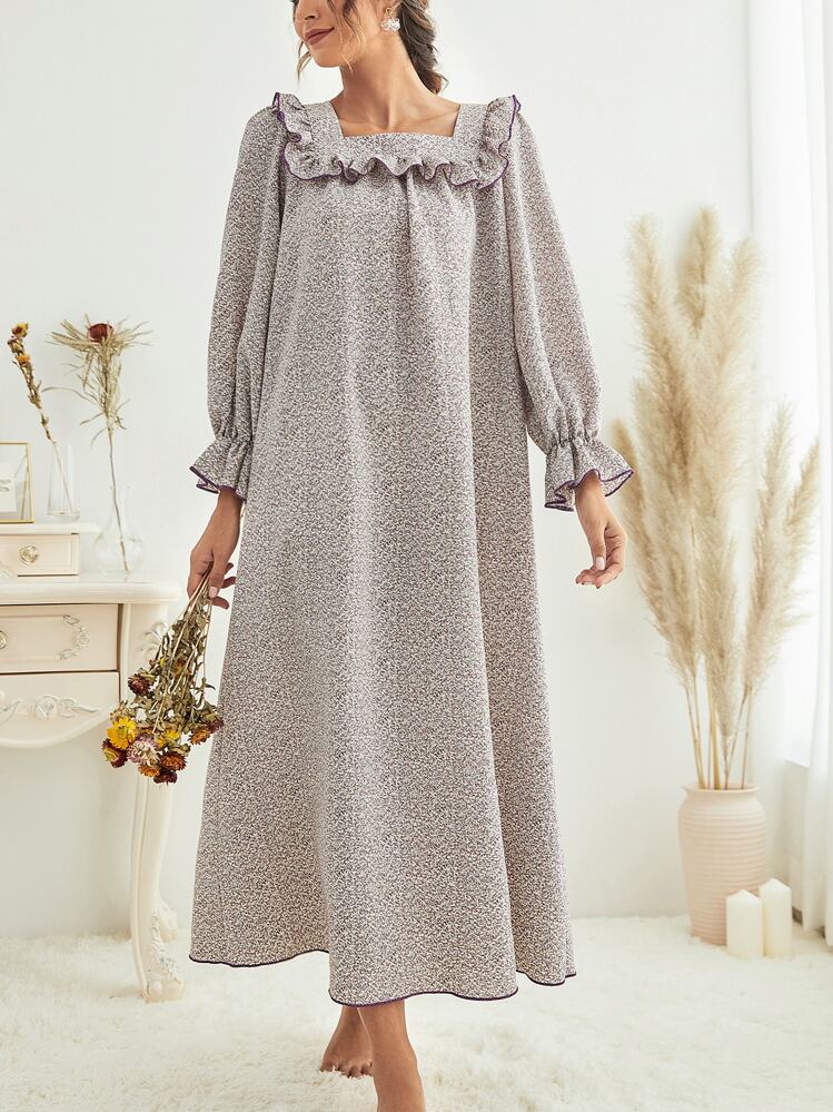 Ditsy Floral Square Neck Flounce Sleeve Ruffle Trim Long Nightdress - Mauve Purple - View 1