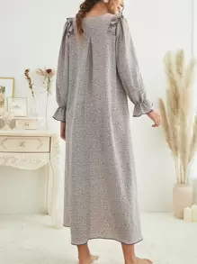 Ditsy Floral Square Neck Flounce Sleeve Ruffle Trim Long Nightdress - Mauve Purple - View 2