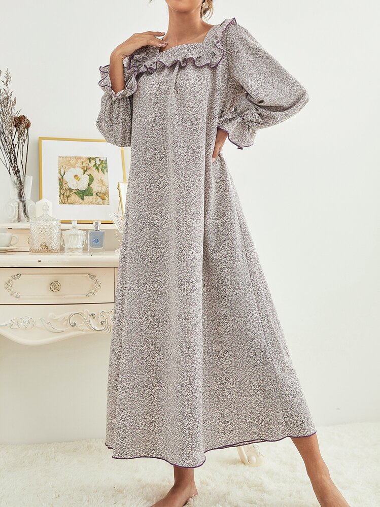 Ditsy Floral Square Neck Flounce Sleeve Ruffle Trim Long Nightdress - Mauve Purple - View 3