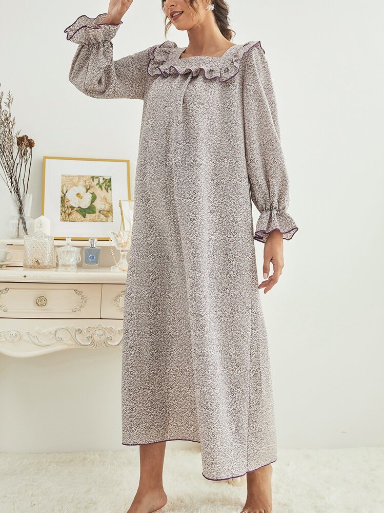 Ditsy Floral Square Neck Flounce Sleeve Ruffle Trim Long Nightdress - Mauve Purple - View 5