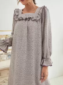 Ditsy Floral Square Neck Flounce Sleeve Ruffle Trim Long Nightdress - Mauve Purple - View 6