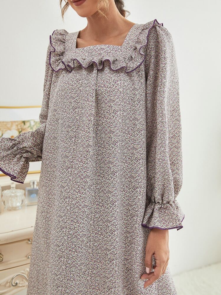 Ditsy Floral Square Neck Flounce Sleeve Ruffle Trim Long Nightdress - Mauve Purple - View 6