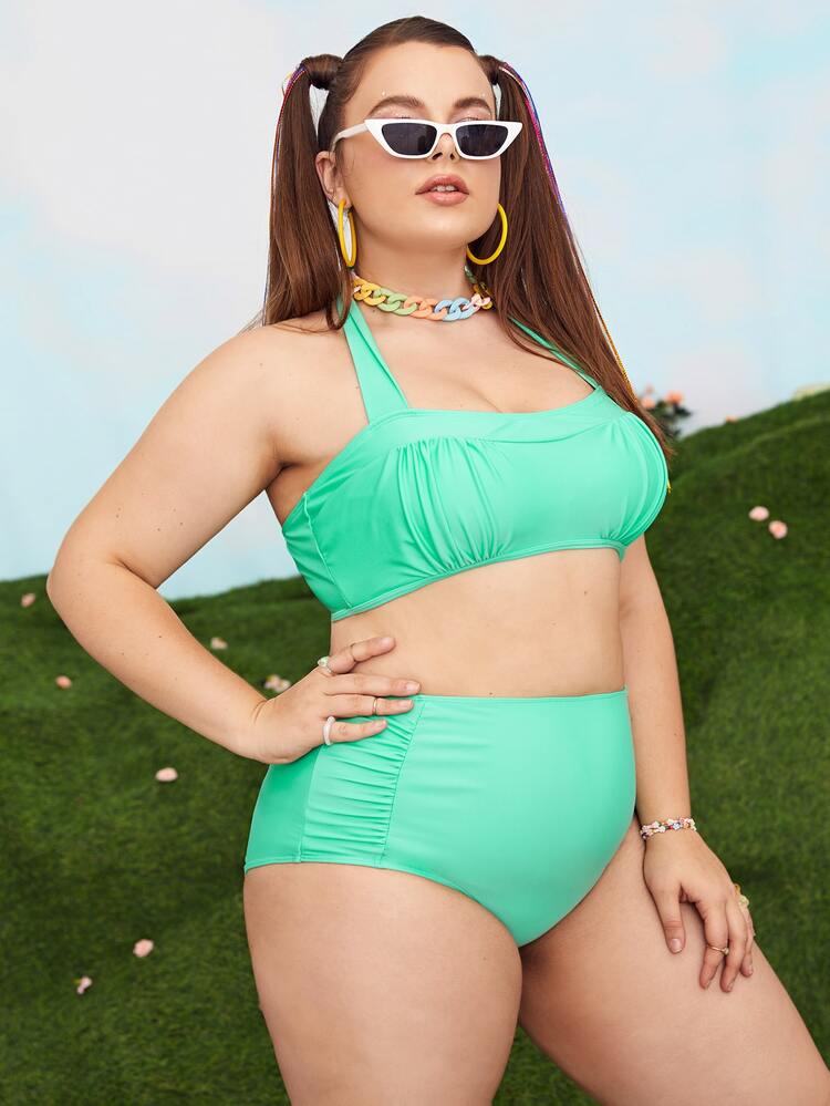 Plus Size Ruched Bust Halter Bikini Set Summer Beach - Mint Green - View 4