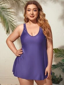 Tankini de talla grande de color sólido para la playa de verano - Morado - Ver 3