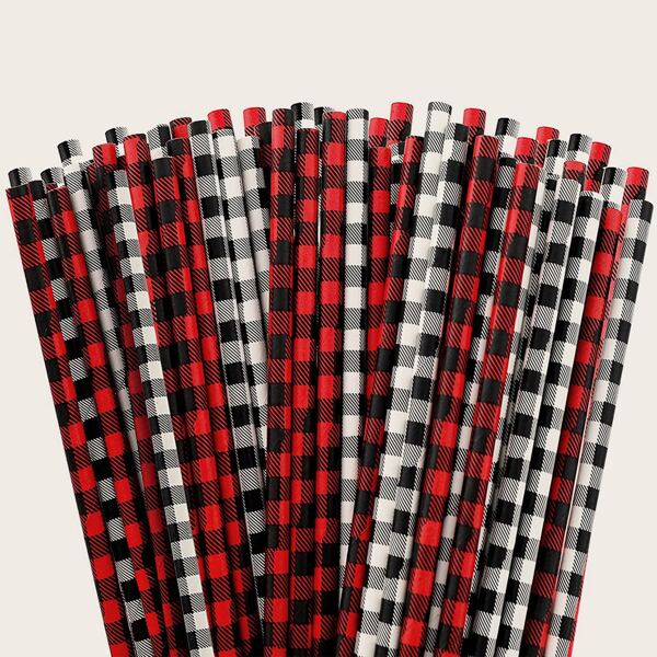 

50pcs Plaid Pattern Disposable Straw, Multicolor