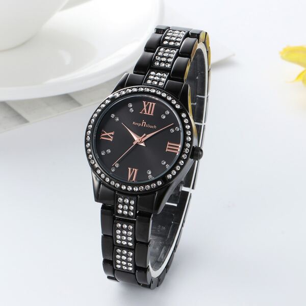 

Rhinestone Decor Round Pointer Quartz Watch With Watch Link Removal Tool