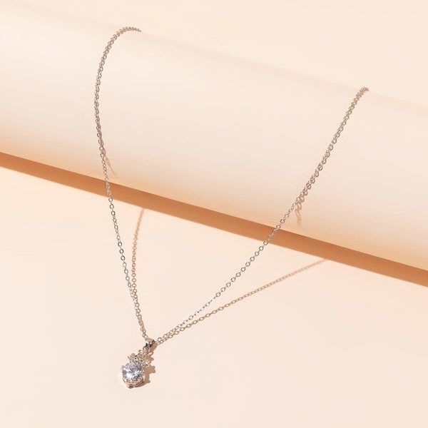 

Zircon & Flower Charm Necklace, Silver