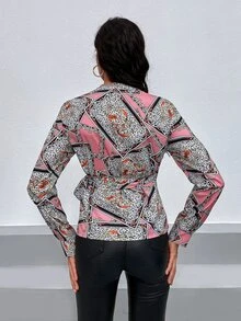 SHEIN SXY 圍巾圖案圍裹側打結襯衫 - 彩色 - 查看 2