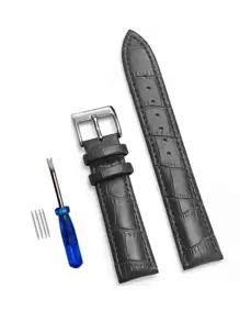 1入組黑色經典柔軟 PU 材質優質竹節圖案運動錶帶 12/14/16/18/20/22/24 毫米，素色錶帶帶維修工具