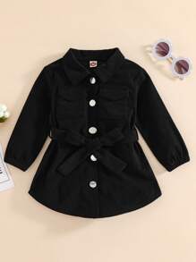 Baby Solid Belted Button Through Corduroy Coat - Black - View 1