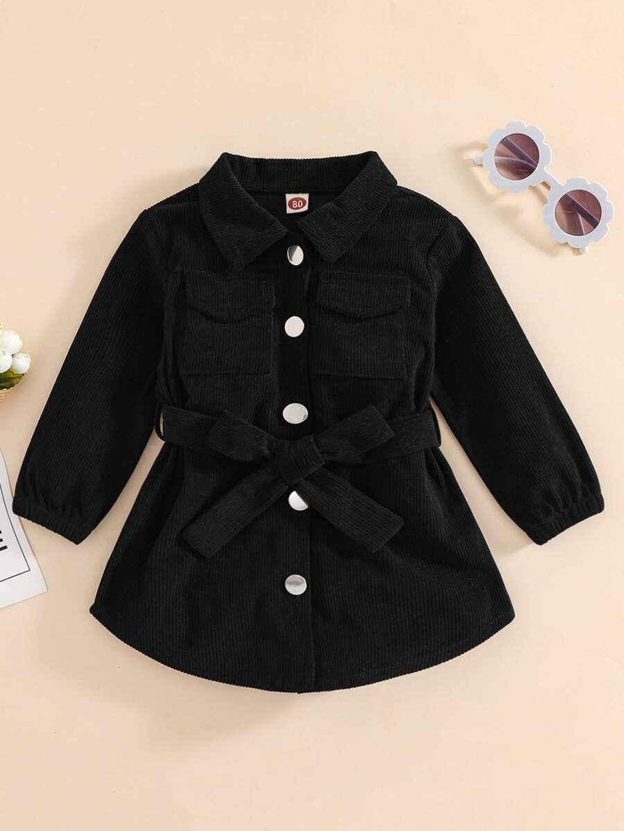 Baby Solid Belted Button Through Corduroy Coat - Black - View 1