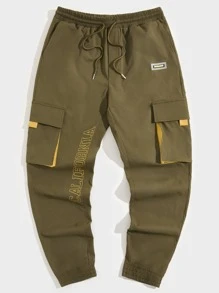 Manfinity 男士腰部抽繩字母圖案補丁細節工裝褲 - 軍綠色 - 查看 1