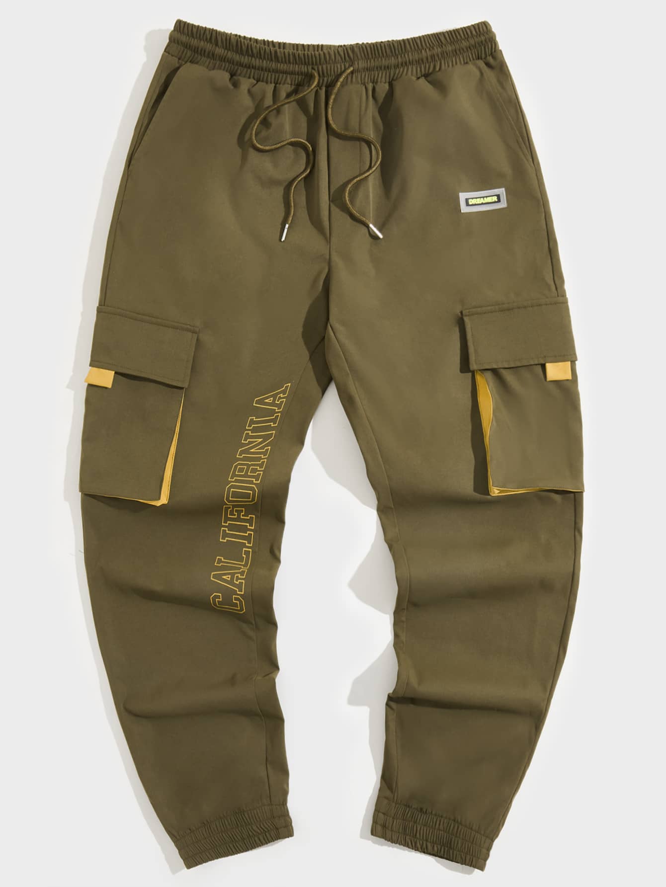 Manfinity 男士腰部抽繩字母圖案補丁細節工裝褲 - 軍綠色 - 查看 1