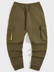 Manfinity 男士腰部抽繩字母圖案補丁細節工裝褲 - 軍綠色 - 查看 2