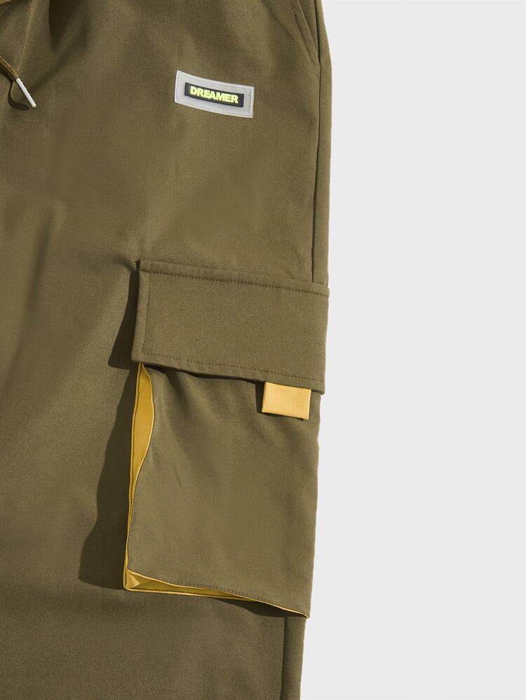 Manfinity 男士腰部抽繩字母圖案補丁細節工裝褲 - 軍綠色 - 查看 3