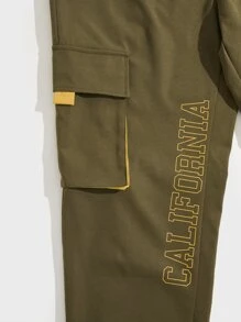 Manfinity 男士腰部抽繩字母圖案補丁細節工裝褲 - 軍綠色 - 查看 4