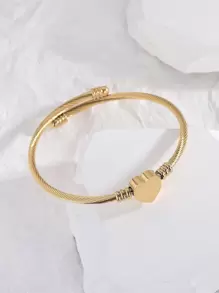 1pc Titanium Steel Non-Fading Heart-Shaped Open Bangle, Unique Personalized Couples Jewelry Bracelet - Yellow Gold - View 2