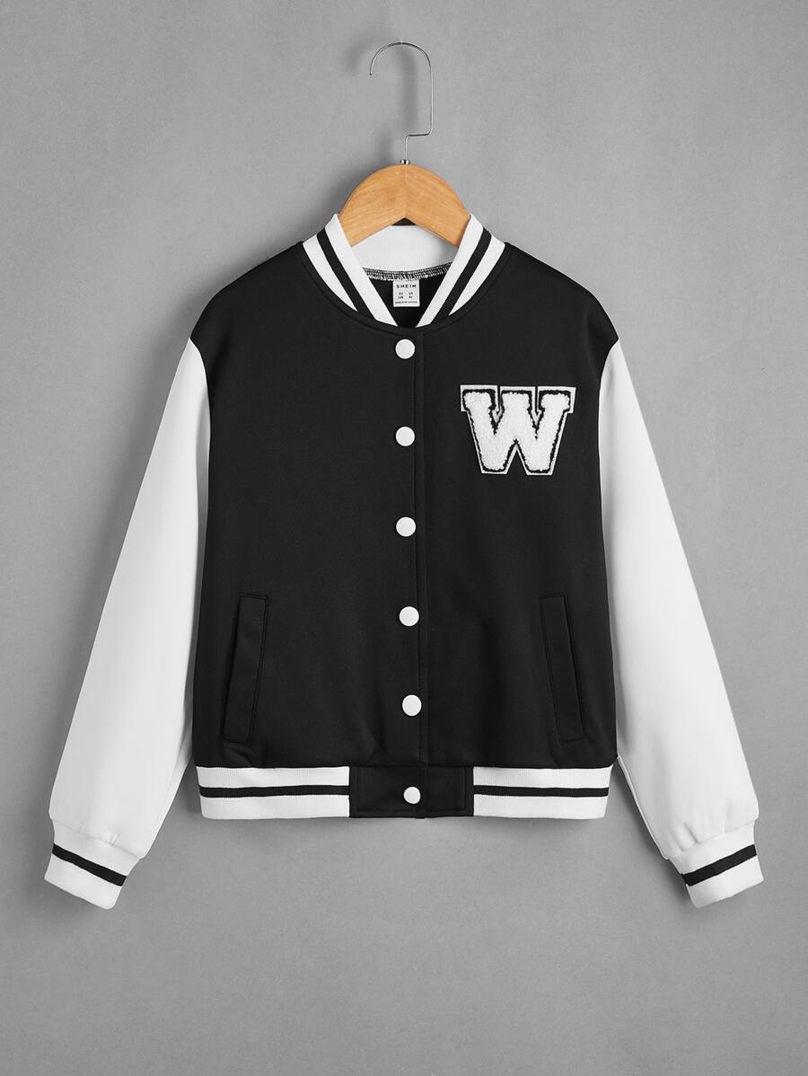 SHEIN Cô gái Áo khoác Đại học Thư được vá Sọc trang trí Khối màu - Đen và trắng - Xem 1